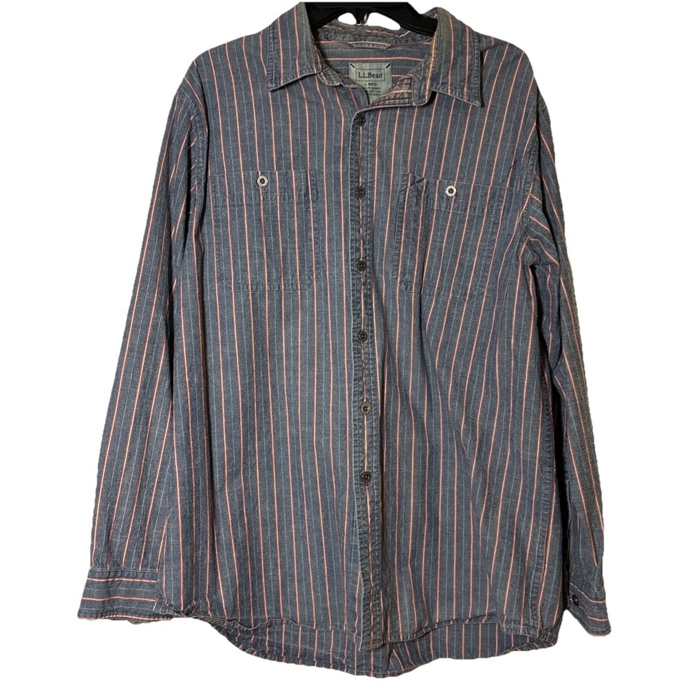 LL Bean Button Down Shirt Men's Blue Striped Excellent Cotton Long Sleeve L Reg